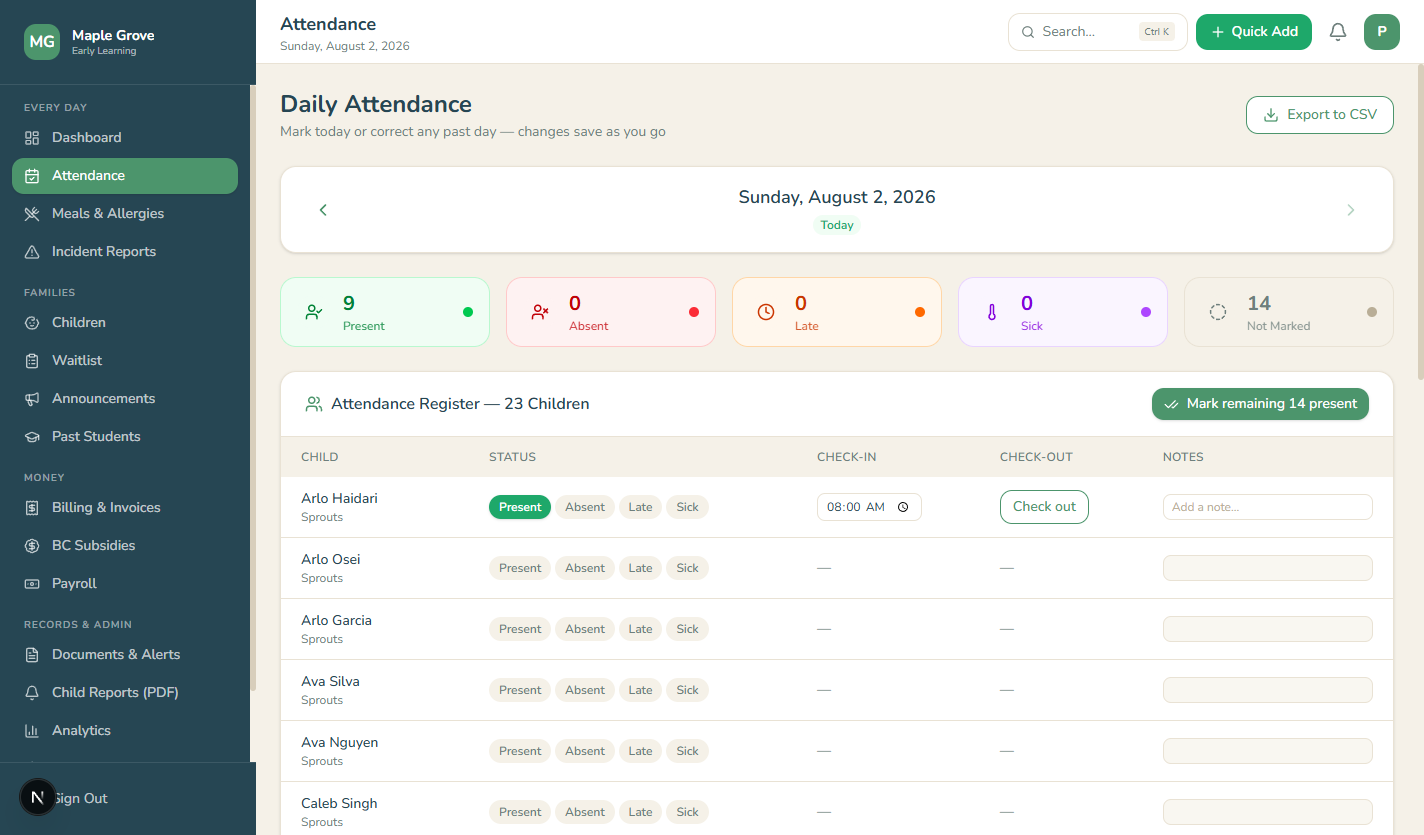 Daybook's attendance screen with per-child check-in and check-out times